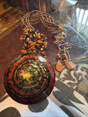 Handcrafted Multistrand Brown & Green Statement Necklace with Matching Earrings